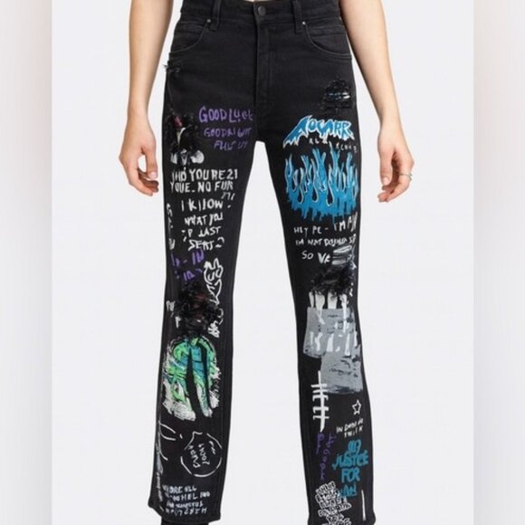 Rockstar Original Mens Koontz Moto Graffiti Jeans Black 30 Distressed Flame Prnt - Picture 1 of 12
